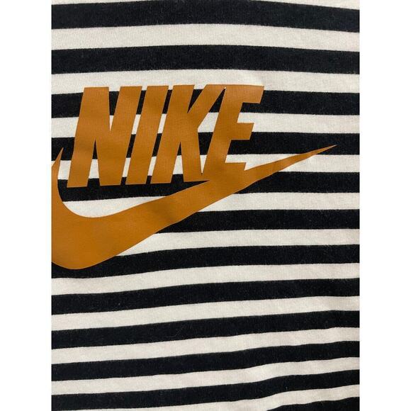 Nike Black White Striped Tee Size Small Gold Logo Athleisure Casual - Picture 2 of 3